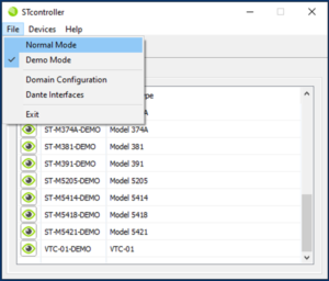STcontroller Software Application Example of Demo Mode Selection Menu Options