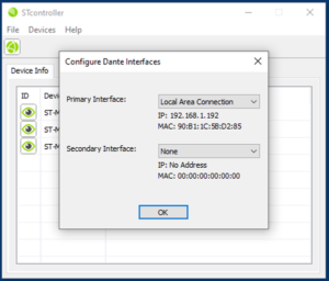 STcontroller Software Application Example of Configure Dante Interfaces Dialog